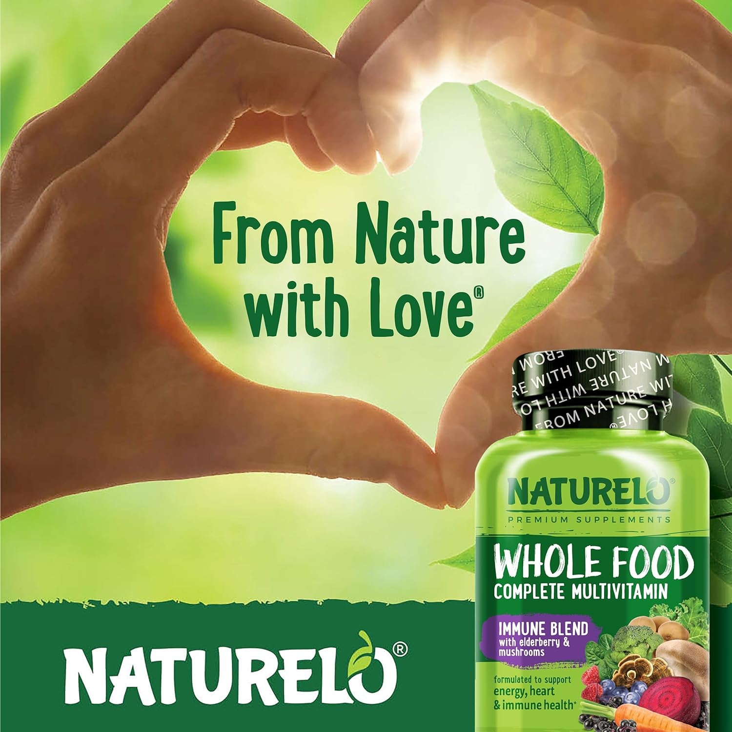 NATURELO Whole Food Multivitamin + Immune Blend with Elderberry & Mushrooms - Complete Multivitamin with Extra Immune Support - C, D3, Zinc, Elderberry, Reishi, Shitake - 60 Vegan Capsules