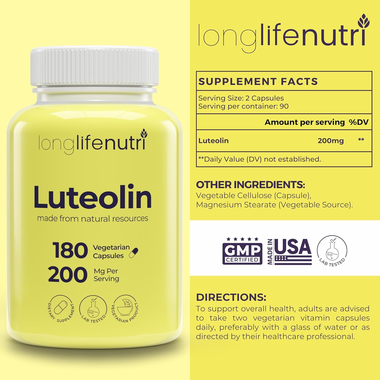 Luteolin Supplement 200Mg - 180 Vegetarian Capsules, 3-Month Supply - Strengthen Cognitive Function & Overall Health - Lab Tested, Made in USA, 2 Serving Size