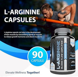 L Arginine Capsules, Nitric Oxide Booster, Amino Acid Supplement for Men and Women, Helps Build Muscle & Strength and Boost Energy, Blood Flow Support - 90 Caps