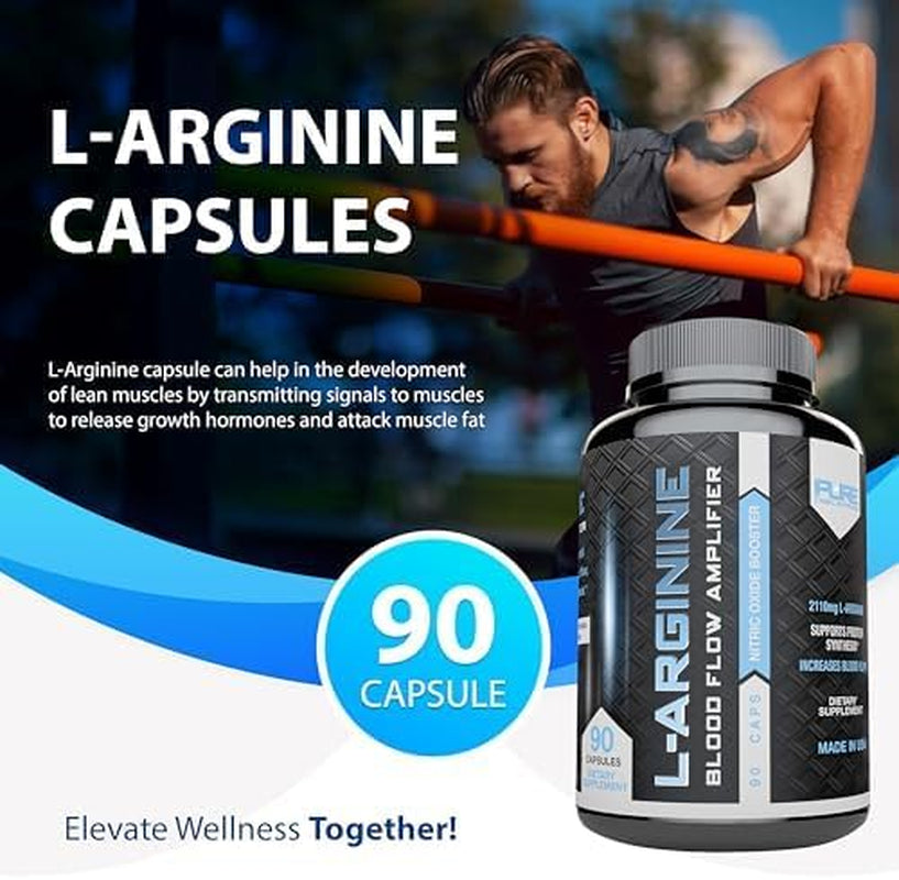 L Arginine Capsules, Nitric Oxide Booster, Amino Acid Supplement for Men and Women, Helps Build Muscle & Strength and Boost Energy, Blood Flow Support - 90 Caps