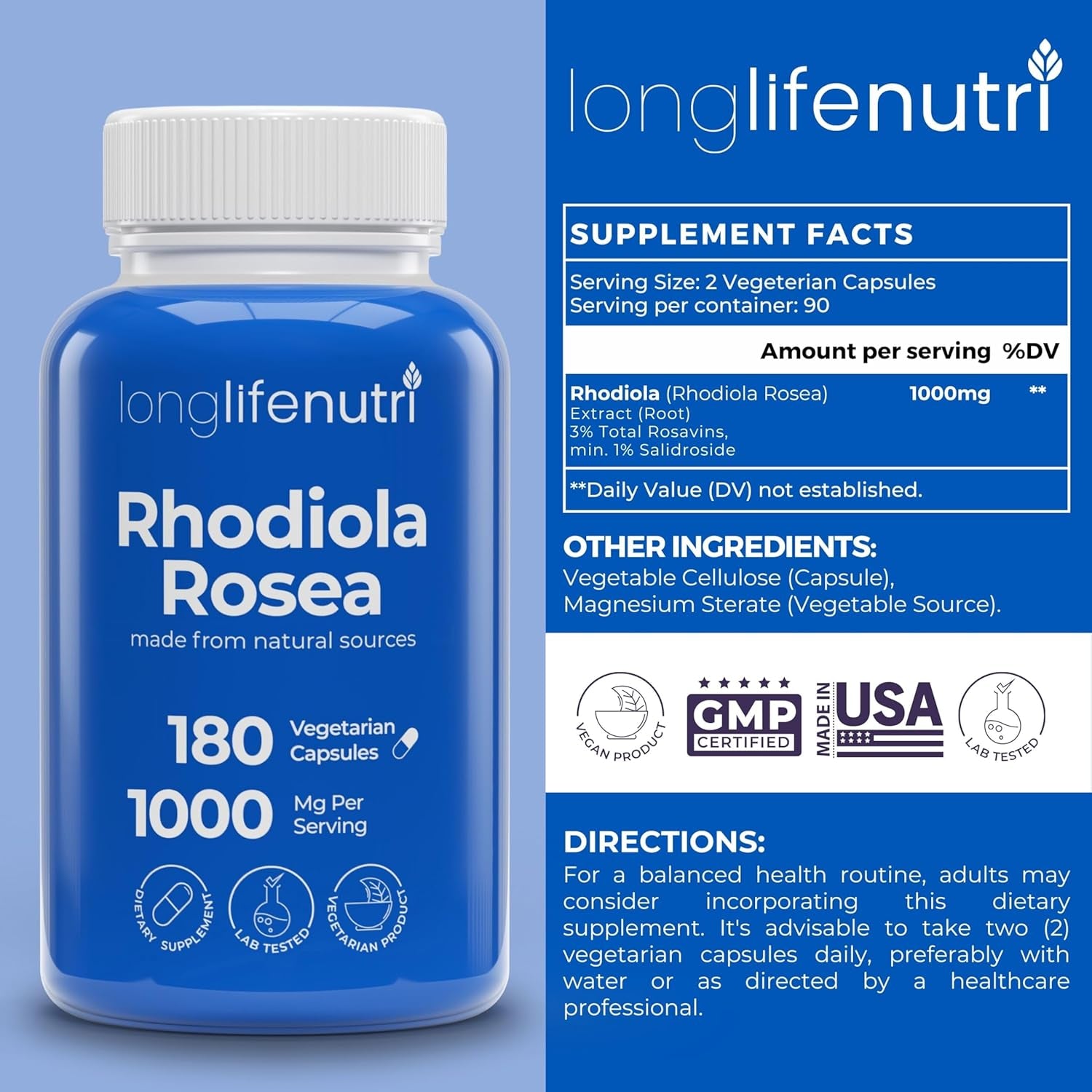 Rhodiola Rosea 500Mg - 180 Vegetarian Capsules for Mental & Physical Health, Non-Gmo, 3-Month Supply, Naturally Sourced & Laboratory Tested, Made in USA - Daily Wellness Supplement 