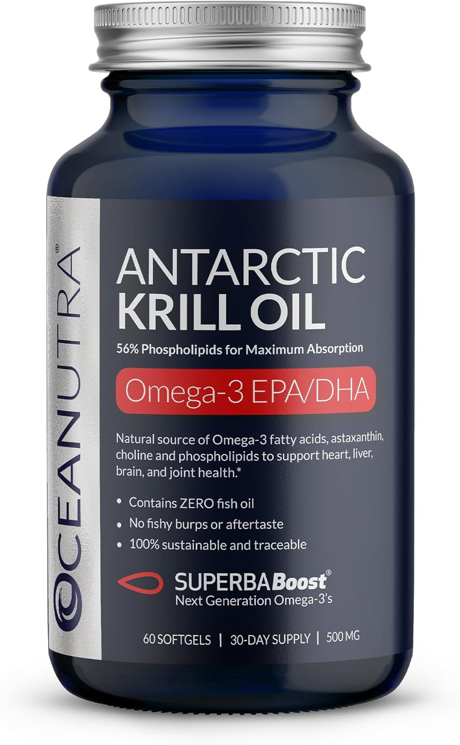 Wild Caught Antarctic Krill Oil 500Mg Softgels, Superbaboost Omega 3 Supplement, EPA & DHA, Astaxanthin, Choline, 56% Phospholipids, Sustainable, No Fish Oil, Vanilla Flavor (60-Day Supply) 