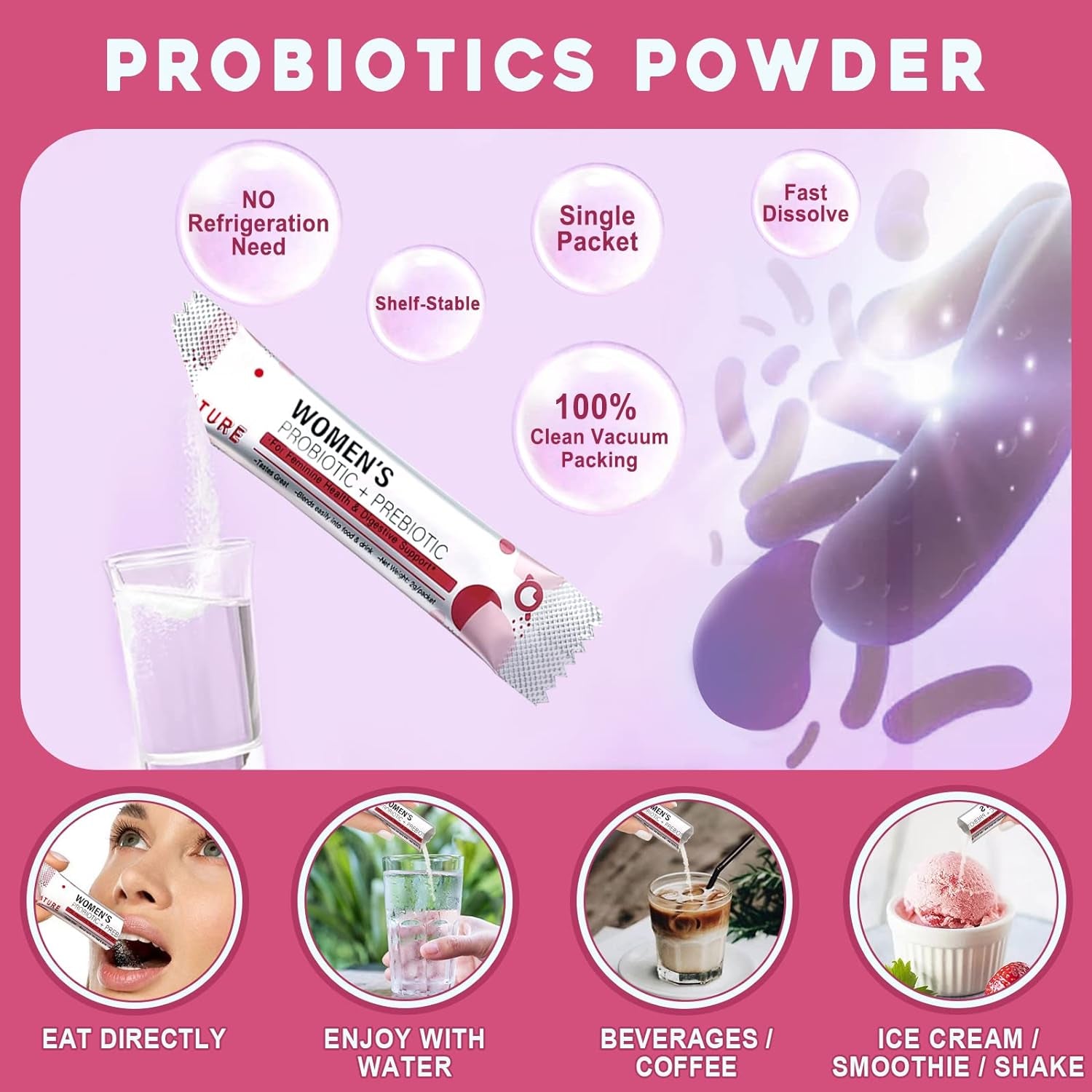 Probiotics for Women Probiotic Powder Supplement - Prebiotics and Probiotics for Digestive Health and Immune Support