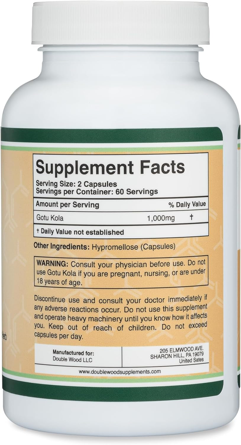 Gotu Kola Capsules (Centella Asiatica) 1,000Mg of per Serving (120 Capsules) No Fillers, Vega, Safe, Non-Gmo, Gluten Free (Gotu Kola Extract for Relaxation and Cognitive Function) by Double Wood