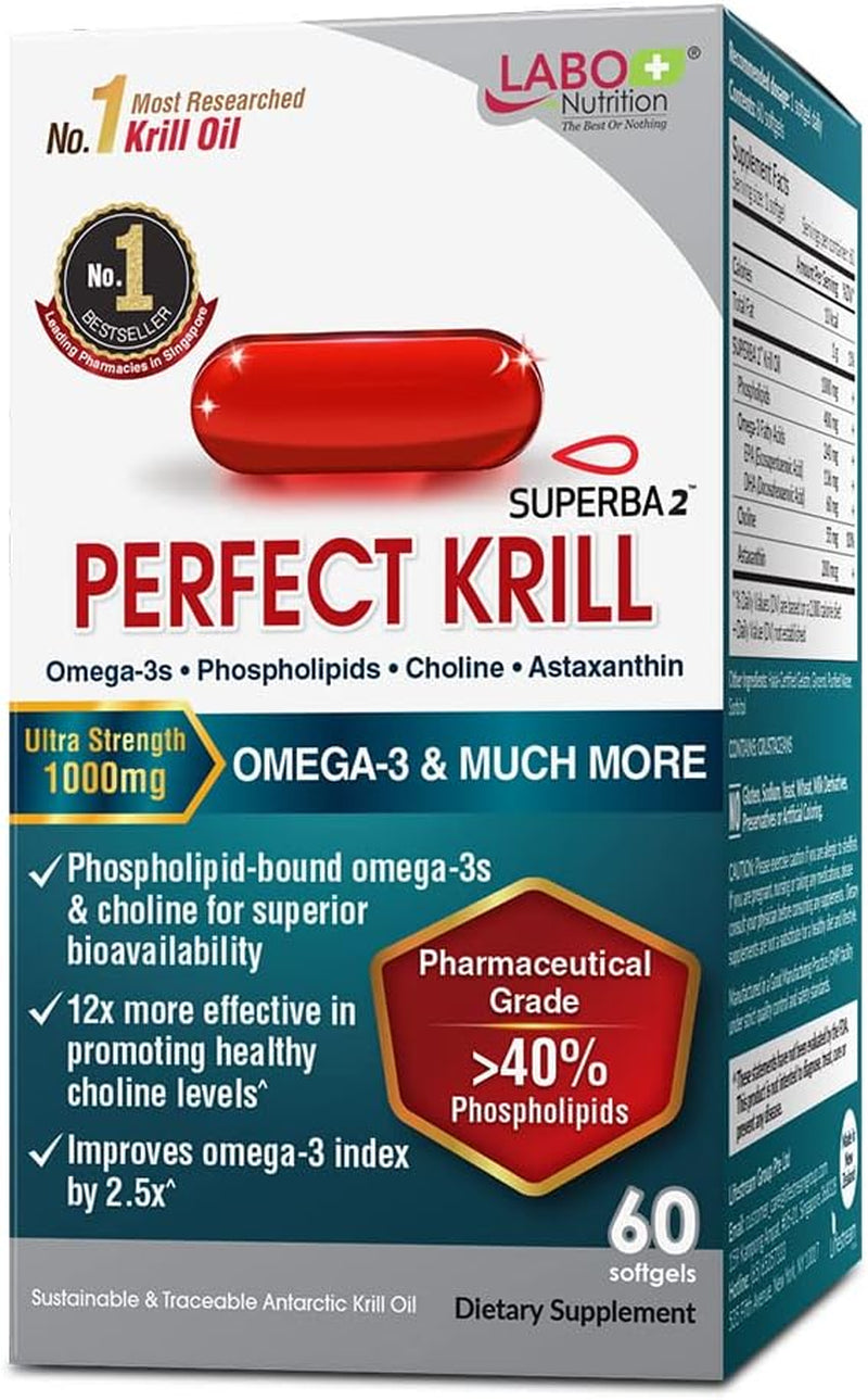 LABO Nutrition Perfect Krill 1000 Mg, Pure Ultra Strength Antarctic Krill Oil with Omega-3S, EPA, DHA, Phospholipids, Choline & Astaxanthin, Heart, Joint, Brain Support Supplement, 60 Softgels 