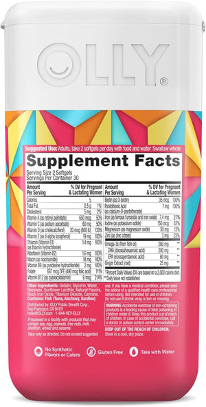 OLLY Ultra Strength Prenatal Multivitamin Softgels with Brain Development Support + Colace Clear Stool Softener Capsules, 28 Count