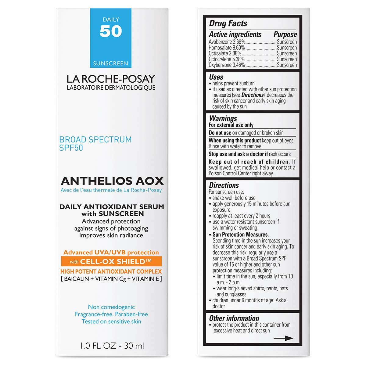 La Roche-Posay Anthelios AOX Daily Antioxidant Serum with SPF, Face Moisturizer with Sunscreen and Vitamin C & E, Oil Free Face Sunscreen for Sensitive Skin, Moisturizing Sun Protection
