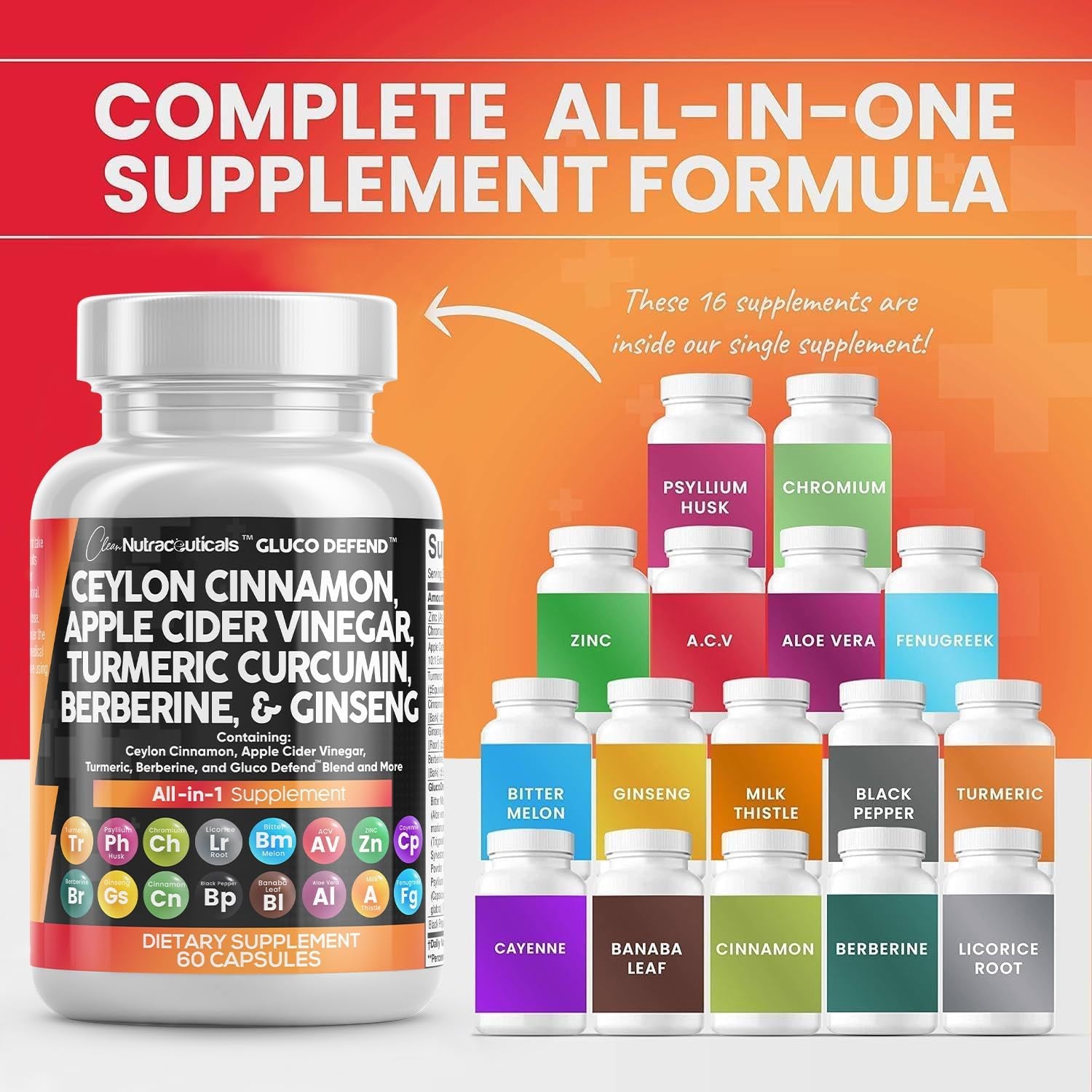 Clean Nutraceuticals Ceylon Cinnamon Turmeric Apple Cider Vinegar Ginseng Berberine plus Bitter Melon Gymnema Milk Thistle Fenugreek - 2Pack 