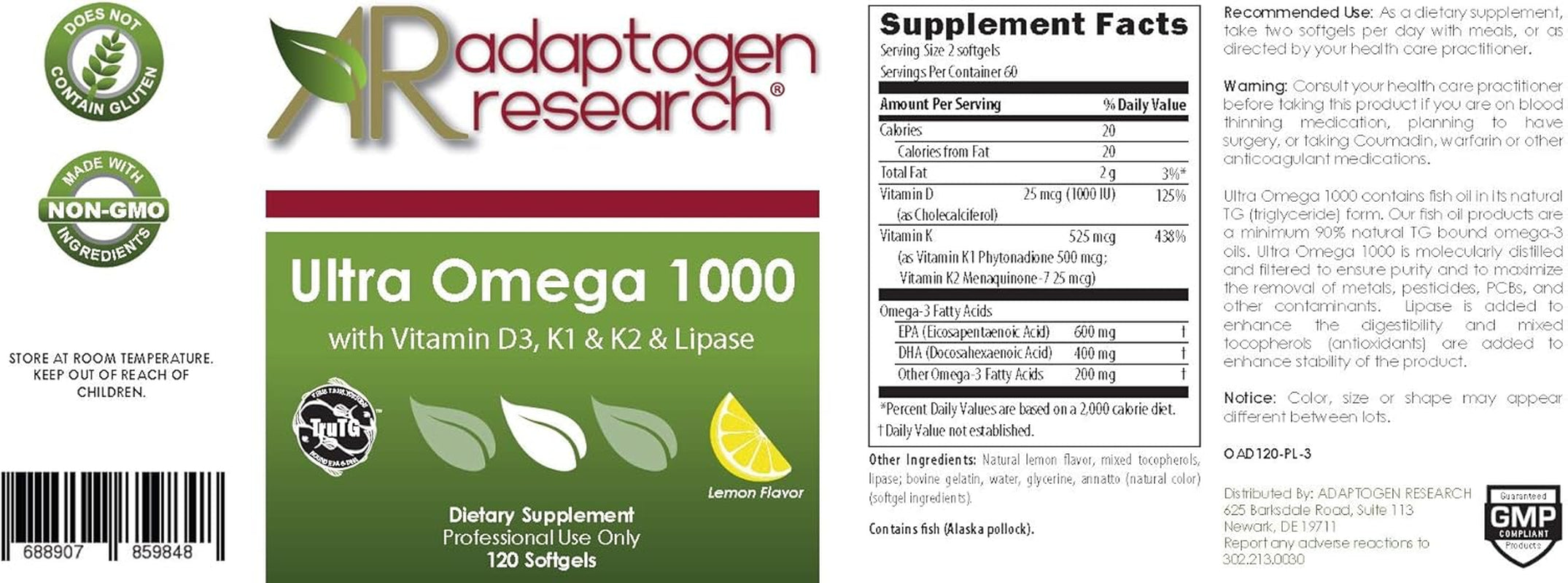 Ultra Omega 1000 with Vitamin D3, K1, K2 | 1000Mg of the Omega 3 Fatty Acids EPA & DHA | Fish Oil in the Triglyceride Form plus Lipase for Maximum Absorption | NO Aftertaste | 120 Softgels 