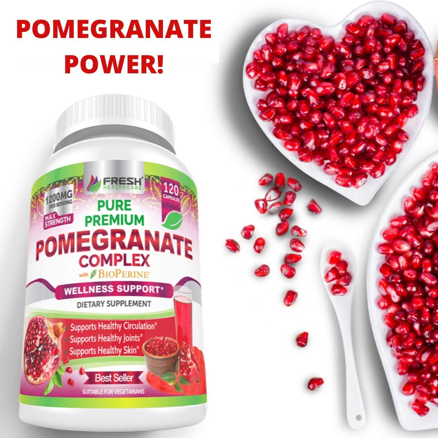 Premium Pomegranate Juice Powder Supplement 1200Mg, Supports Healthy Blood Pressure, Joints, Skin & anti Aging with Bioperine Black Pepper, Powerful Antioxidant with Vitamin C & K, 120 Vegan Capsules