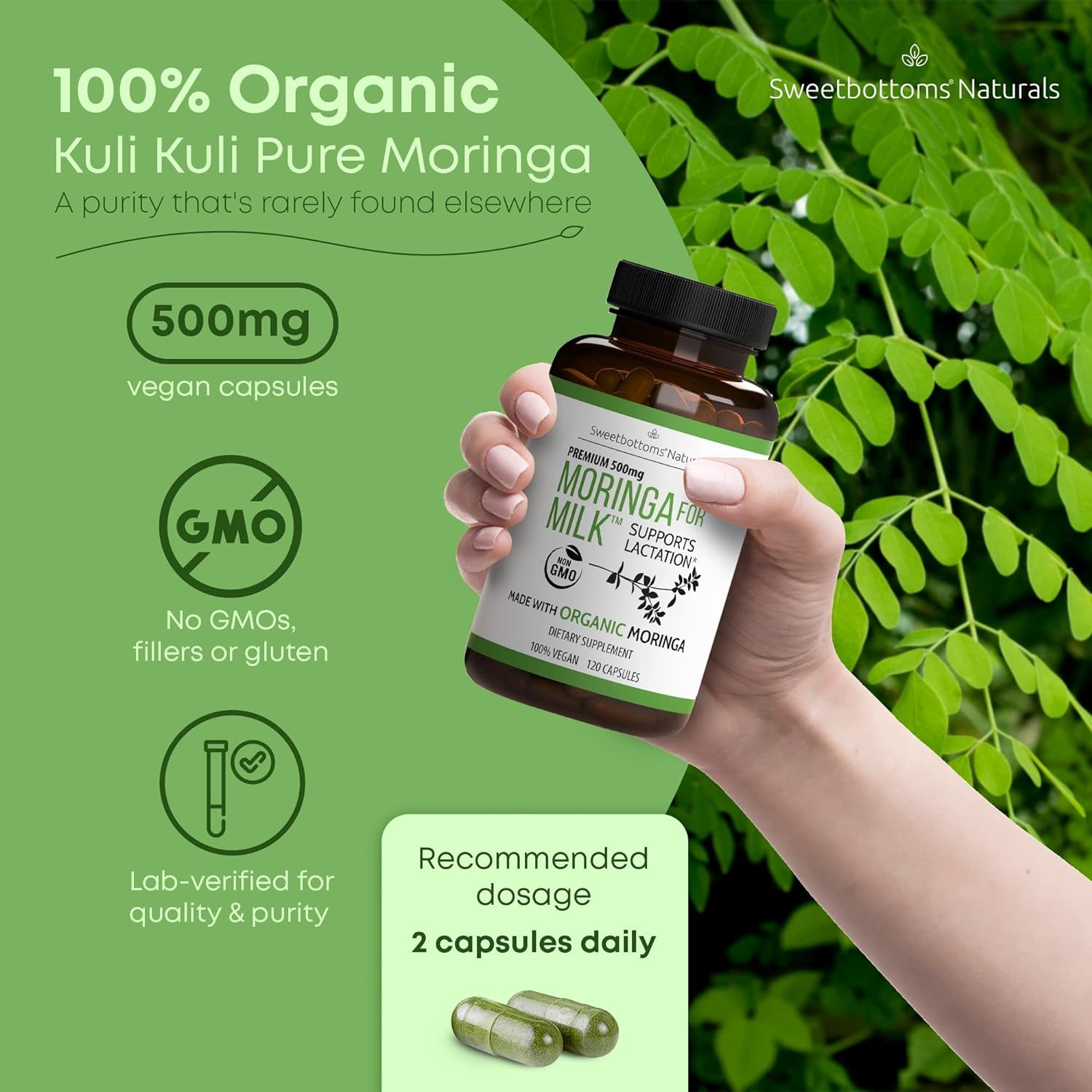 Lactation Supplement - Organic Moringa Capsules for Breastfeeding Support to Increase Breastmilk Supply (120 Ct) Pure Malunggay Leaf Powder for Milk Production Booster & Postnatal Vitamins a E K 500Mg