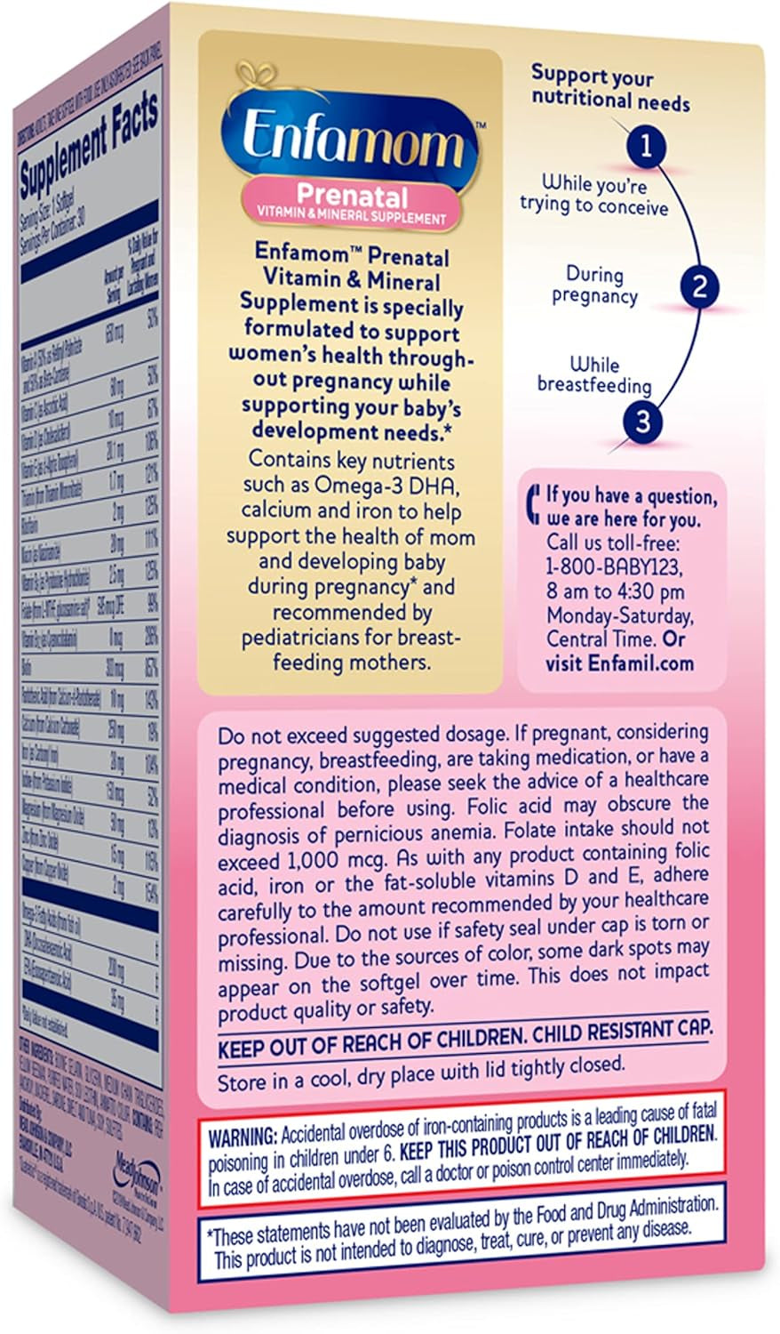Enfamil Enfamom Prenatal Vitamin & Mineral, Supplement for Women with Calcium, Vitamin D, Vitamin C, Omega 3 DHA, 30 Softgels (1 Month Supply)