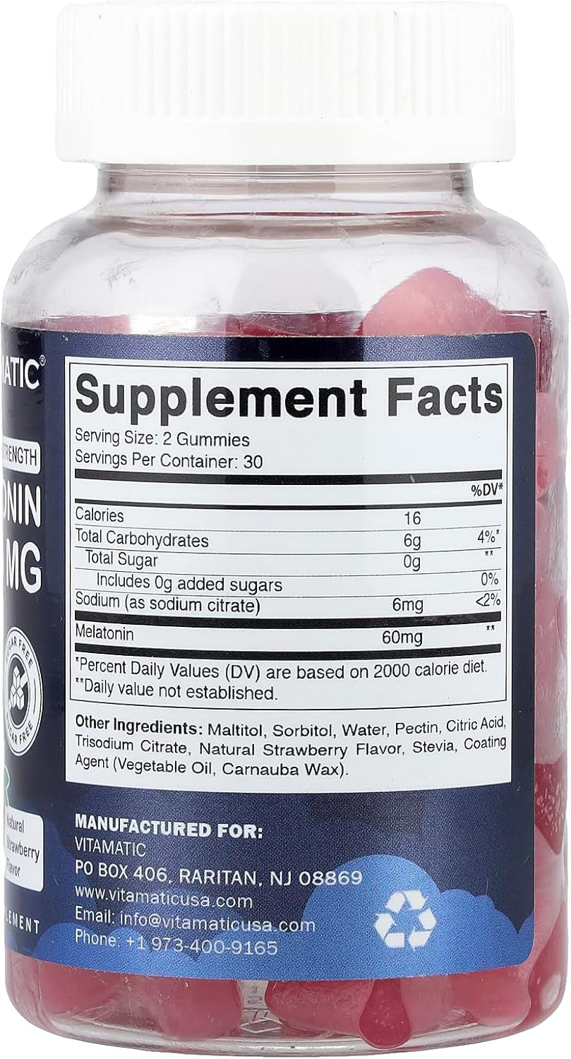 Vitamatic Sugar Free Melatonin 60 Mg - 60 Vegetarian Gummies - Non-Habit Forming Supplement