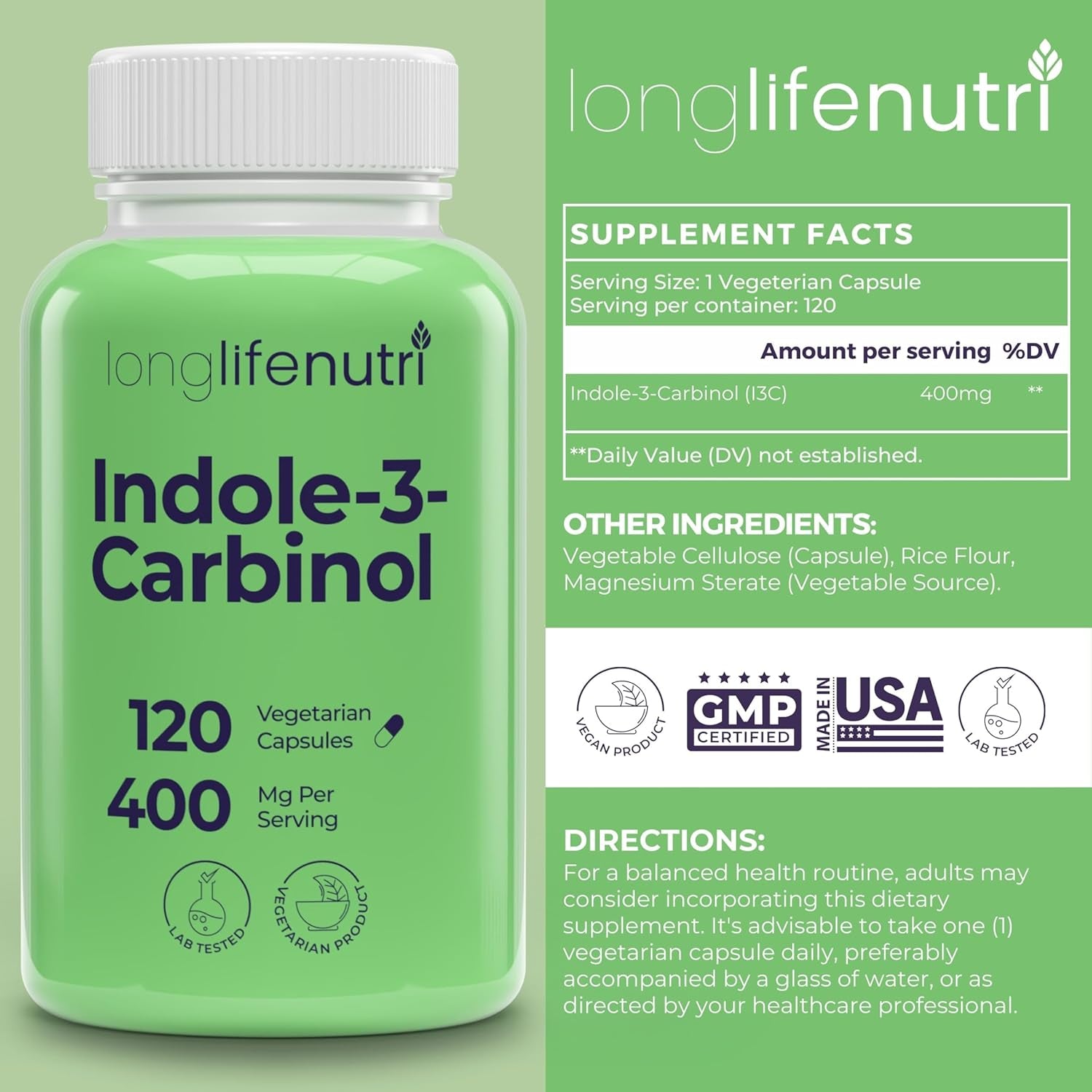 Indole-3-Carbinol 400Mg - 120 Vegeterian Capsules, 4-Month Supply - Organic Supplement for Hormone Balance & Cellular Health - Lab Tested, Made in USA