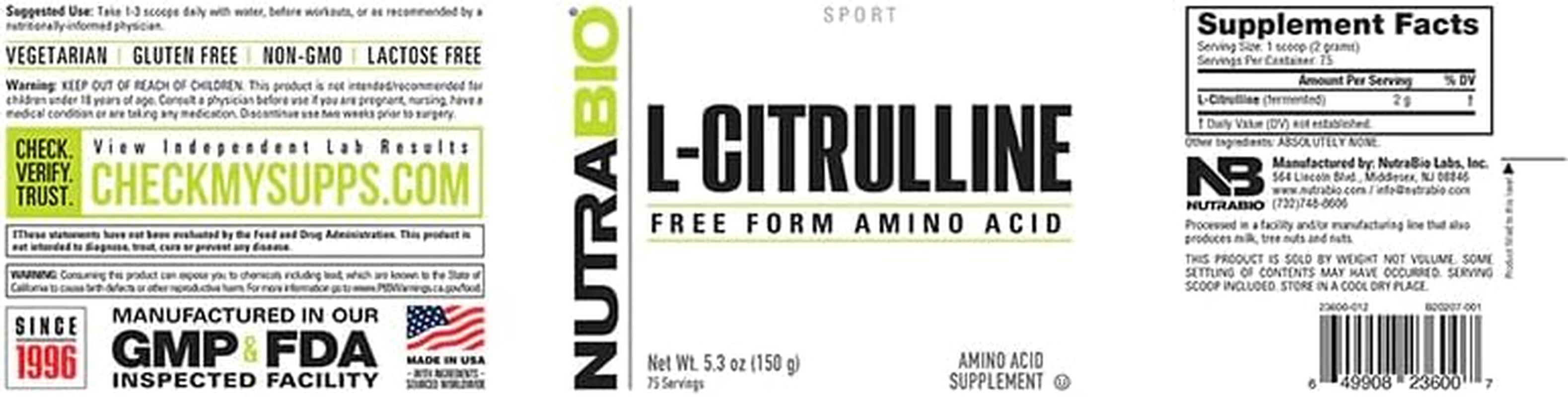 L-Citrulline, Free Form Amino Acid, 5.3 Oz (150 G), Nutrabio