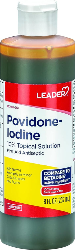 Leader Povidone Iodine 10% Prep Solution USP, First Aid Antiseptic Wound Cleanser, Wound Wash, Antiseptic Soap, 8 Fl Oz