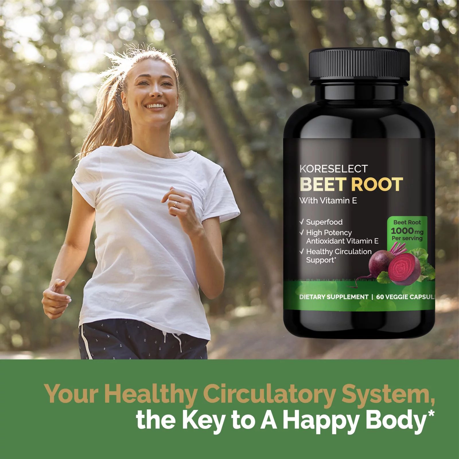 KORESELECT Beet Root Capsules with Vitamin E - Nitric Oxide Supplement Booster for Blood Circulation, Antioxidants Immune Support, Natural Athletic Performance, Wellness Formula - Vegan 60 Caps 