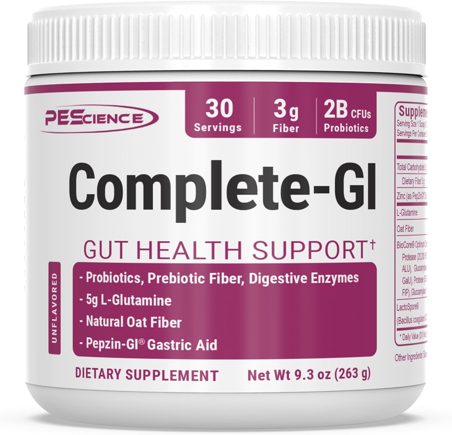 Pescience Complete GI, Unflavored, Probiotic with Zinc Carnosine, Digestive Enzyme, & Prebiotic Fiber Powder, 30 Serving 