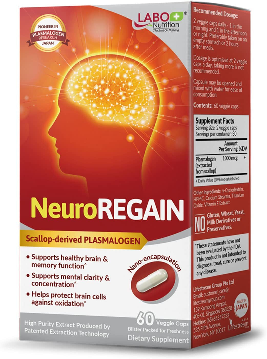 LABO Nutrition Neuroregain - Scallop-Derived PLASMALOGEN for Brain Deterioration, Memory, Alertness, Learning, Concentration and Other Cognitive Functions – Suitable for Seniors, Adult Men & Women X3