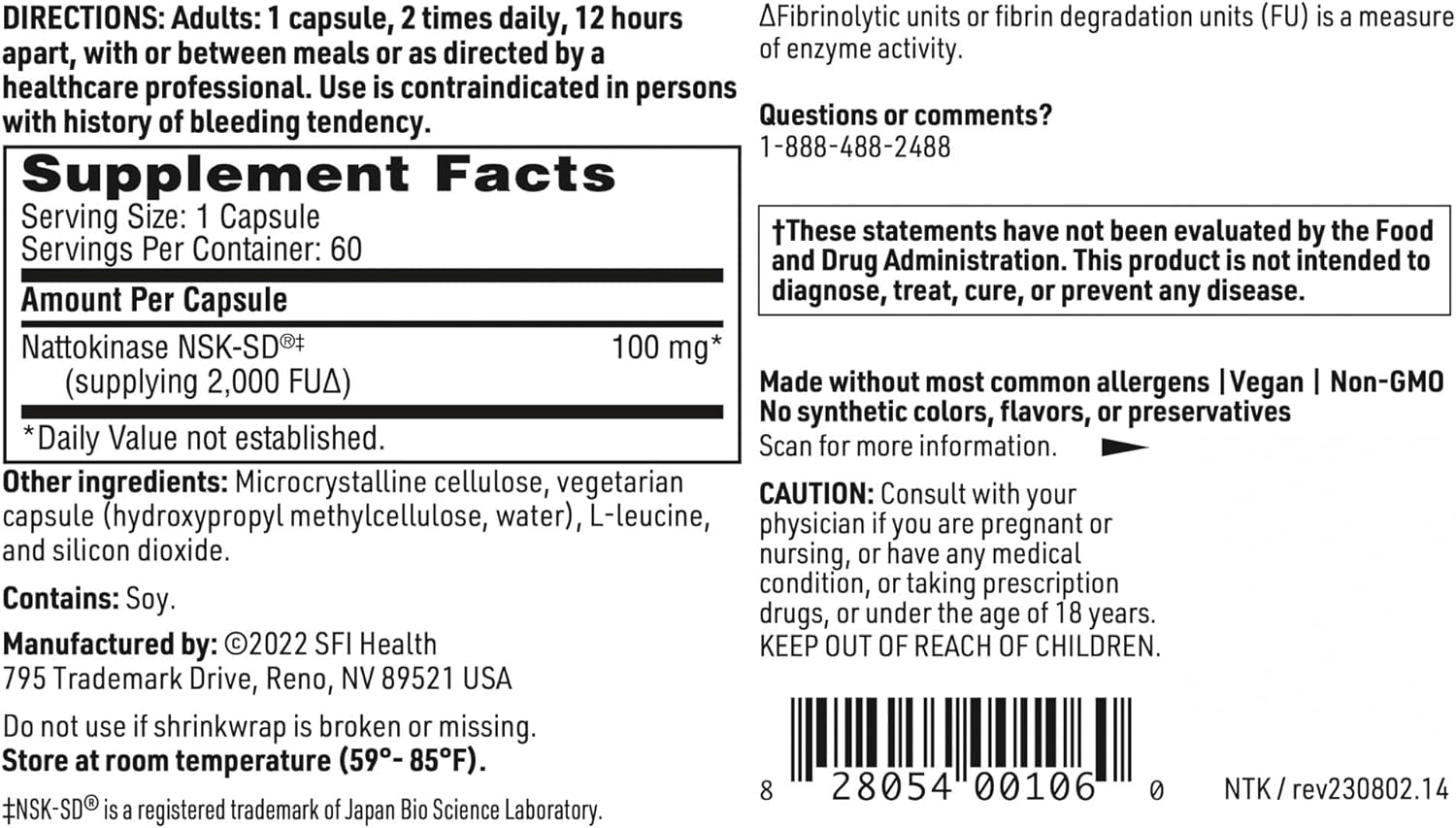 Klaire Labs Nattokinase NSK-SD - Proteolytic Enzyme for Cardiovascular Support, Dairy & Gluten-Free (60 Capsules)