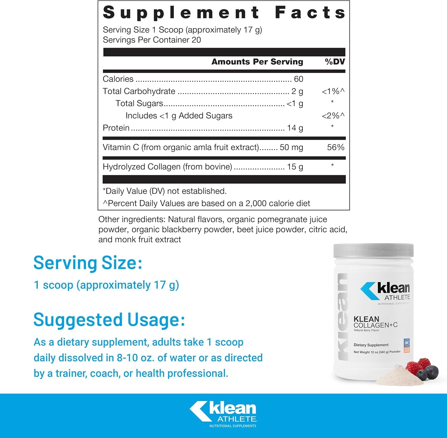 Klean ATHLETE Klean Collagen+C - Collagen Peptides with Vitamin C - for Joint & Connective Tissue Support - 12 Ounces - Natural Berry Flavor 
