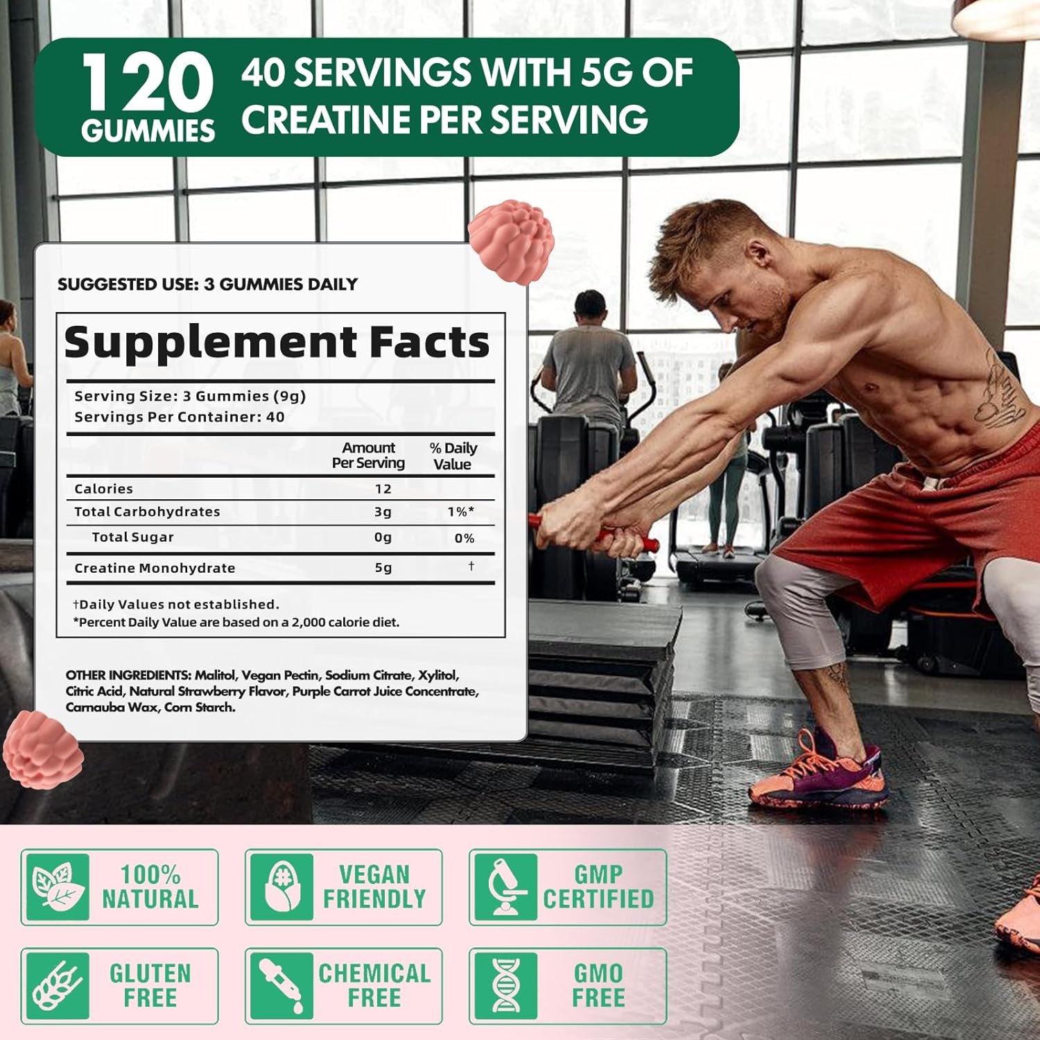 Creatine Monohydrate Gummies 5000Mg for Men & Women, Creatine Monohydrate for Muscle Strength, Muscle Builder, Energy Boost, Pre-Workout Supplement(120 Count)-Pineapple Flavor 