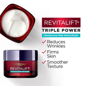 L'Oreal Paris Revitalift Triple Power Anti-Aging Face Moisturizer, Fragrance Free, Pro Retinol, Hyaluronic Acid & Vitamin C to Reduce Wrinkles, Firm & Brighten Skin, 2.55 Oz