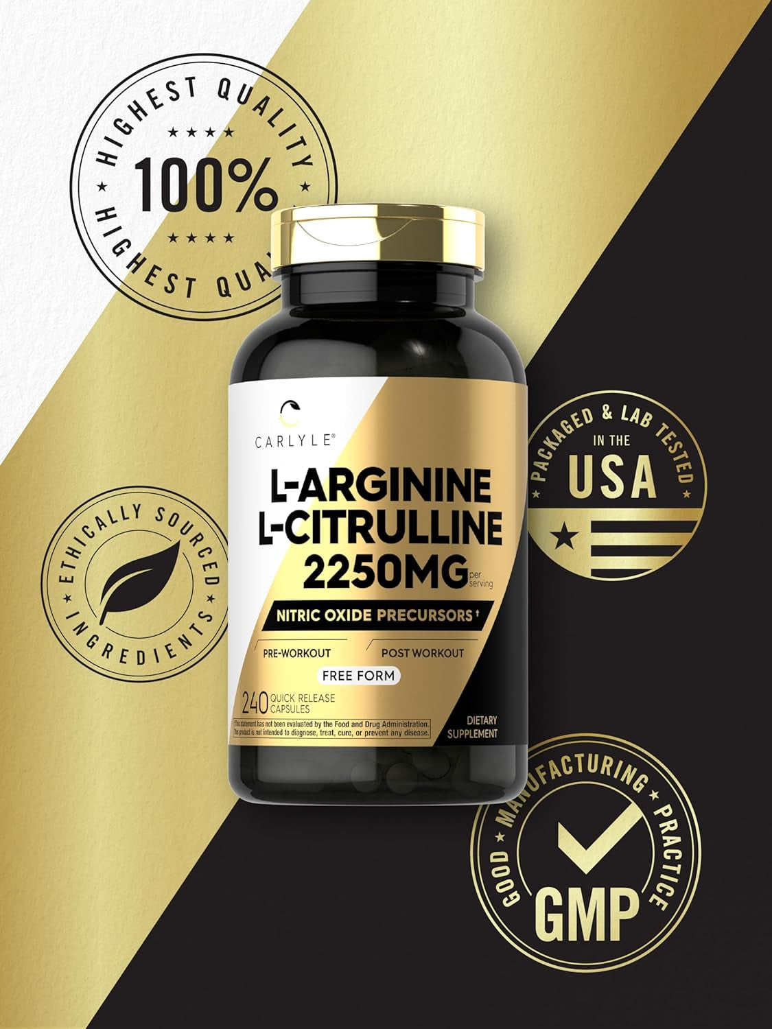 L-Arginine L-Citrulline Complex | 2250Mg | 240 Capsules | Nitric Oxide Precursors | Free Form | Non-Gmo & Gluten Free