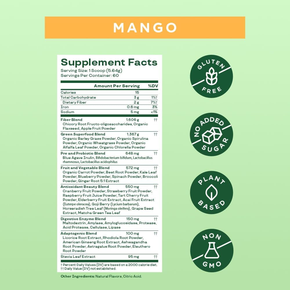 Bloom Nutrition Superfood Greens Powder, Digestive Enzymes with Probiotics and Prebiotics, Gut Health, Bloating Relief for Women, Chlorella, Green Juice Mix with Beet Root Powder, 60 SVG, Original 