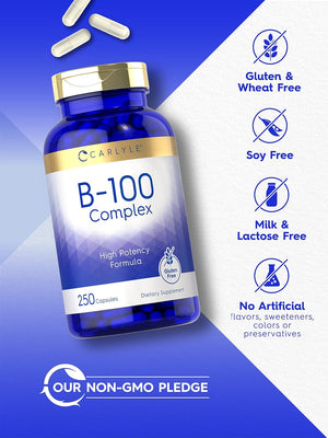 Carlyle B-100 Complex Vitamin | 250 Capsules | Non-Gmo, Gluten Free Supplement 