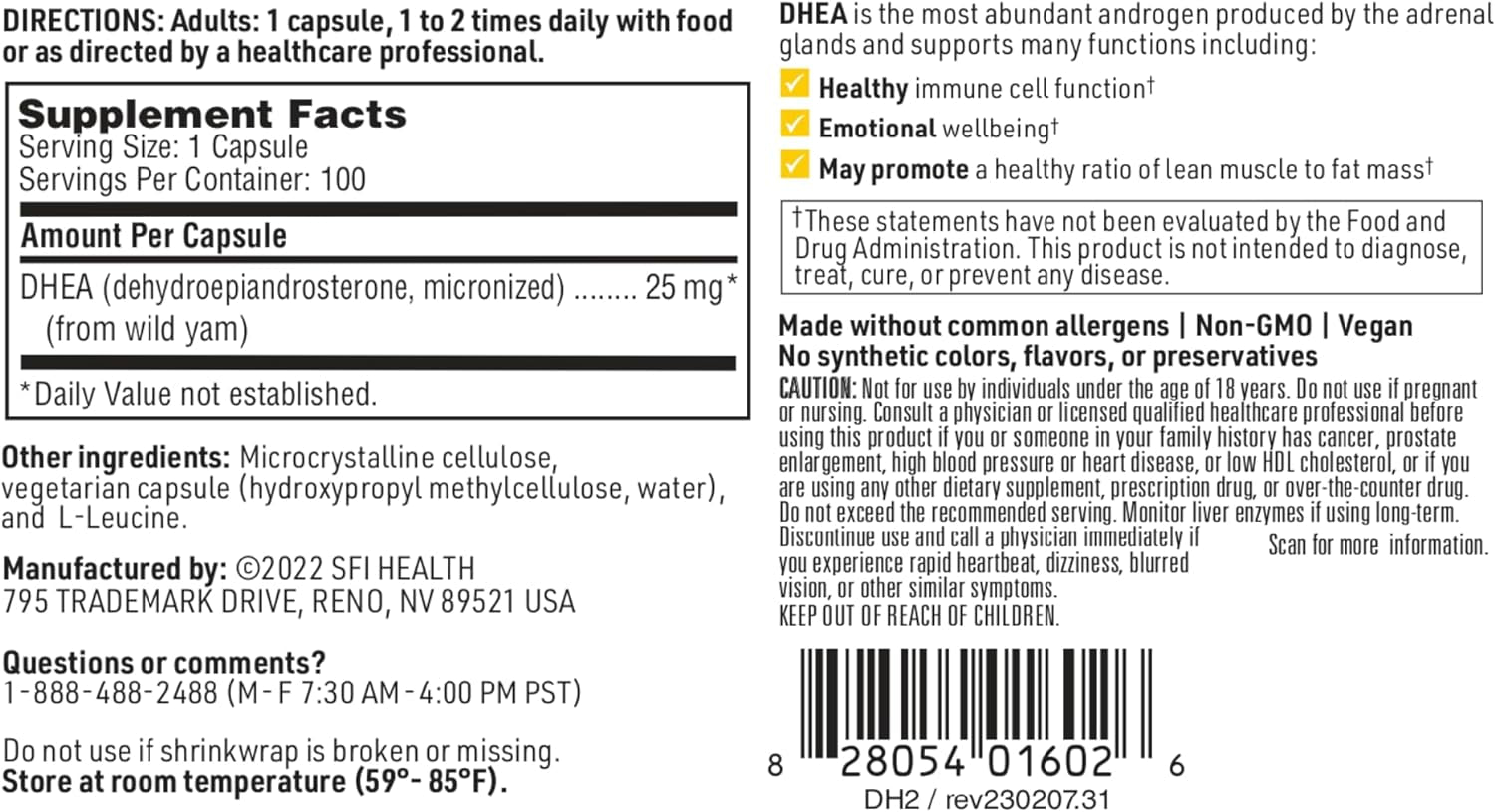Klaire Labs DHEA 25Mg - Dehydroepiandrosterone Derived from Wild Yam - Micronized for Superior Absorption - Soy-Free, Hypoallergenic Supplement for 