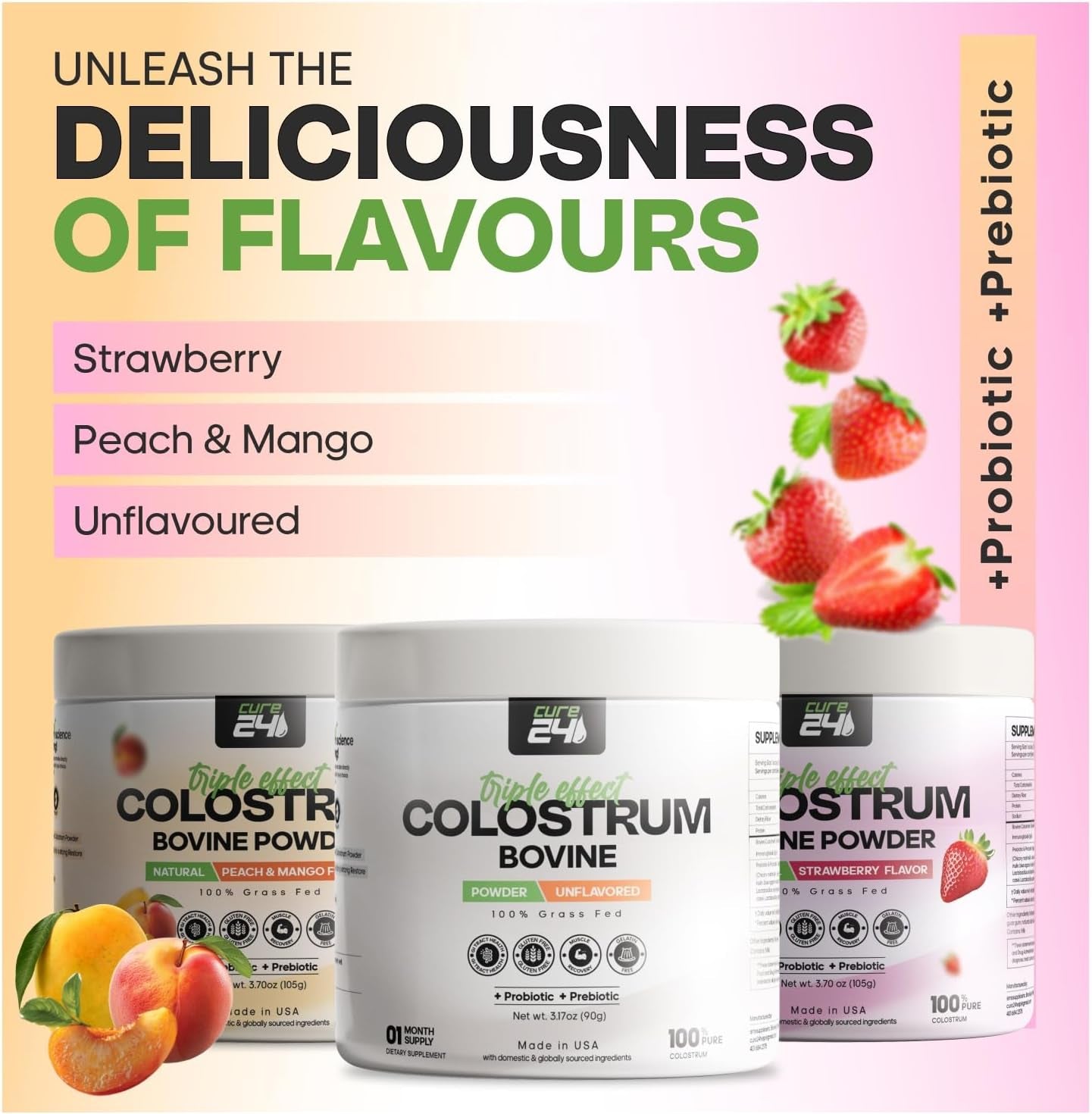 Bovine Colostrum X3 Supplement Powder for Humans, 100% Pure Whole Natural Grass Fed Superfood, High Igg, plus Probiotic & Prebiotic, Natural Peach-Mango Flavor, Made in USA