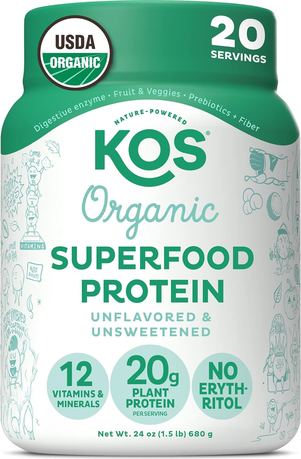 KOS Vegan Protein Powder, Unflavored & Unsweetened - Low Carb Pea Protein Blend, Organic Superfood Rich in Vitamins & Minerals - Keto, Soy, Dairy Free - Meal Replacement for Women & Men - 20 Servings 