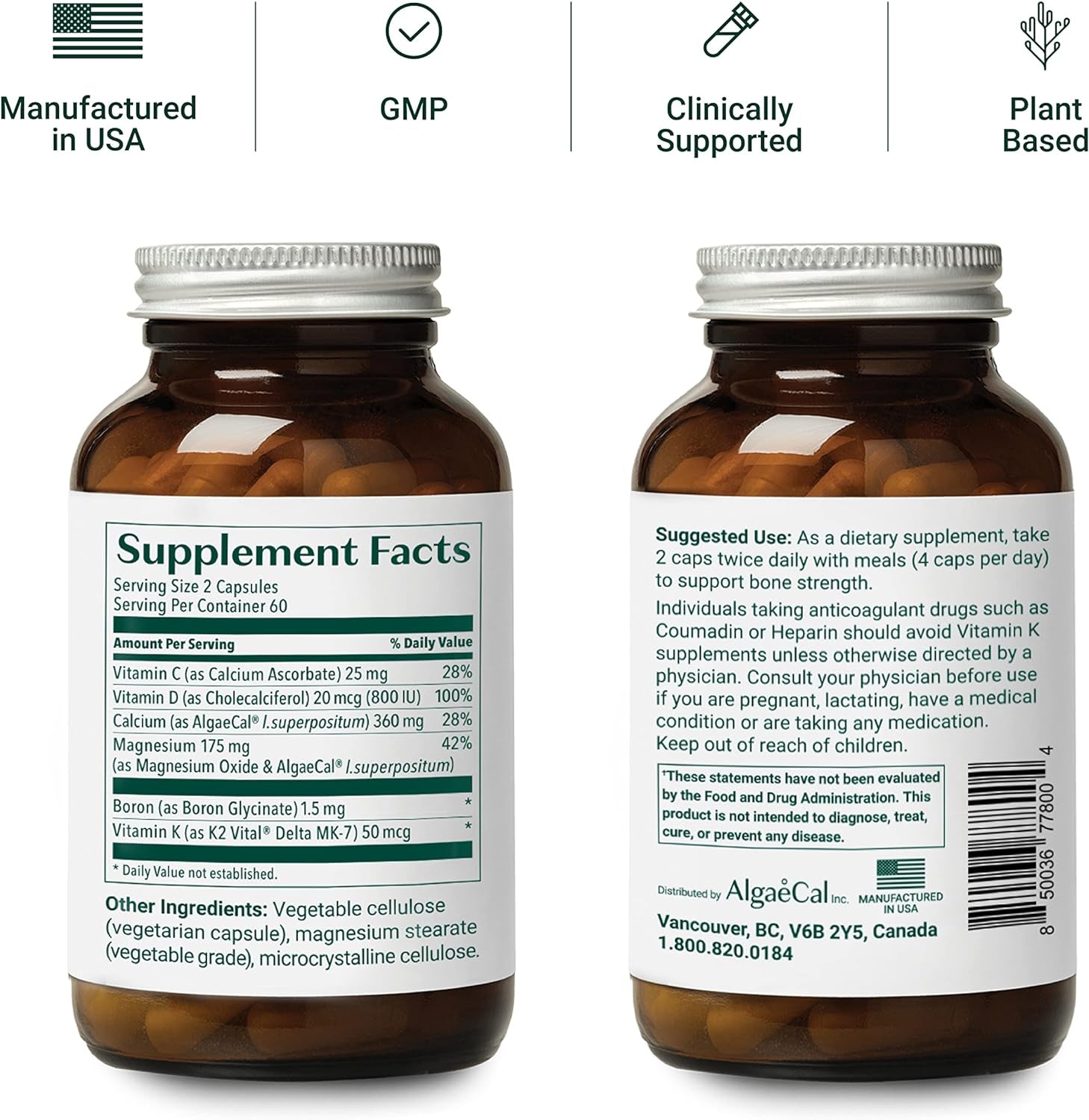 ALGAECAL plus - Organic Red Algae Calcium Supplement, Vitamin K2 MK7 (100Mg), Vitamin D3 (1600 IU), Magnesium (250Mg) & Trace Minerals, for Bone Strength, Easy to Swallow Caps, 3 Month Supply