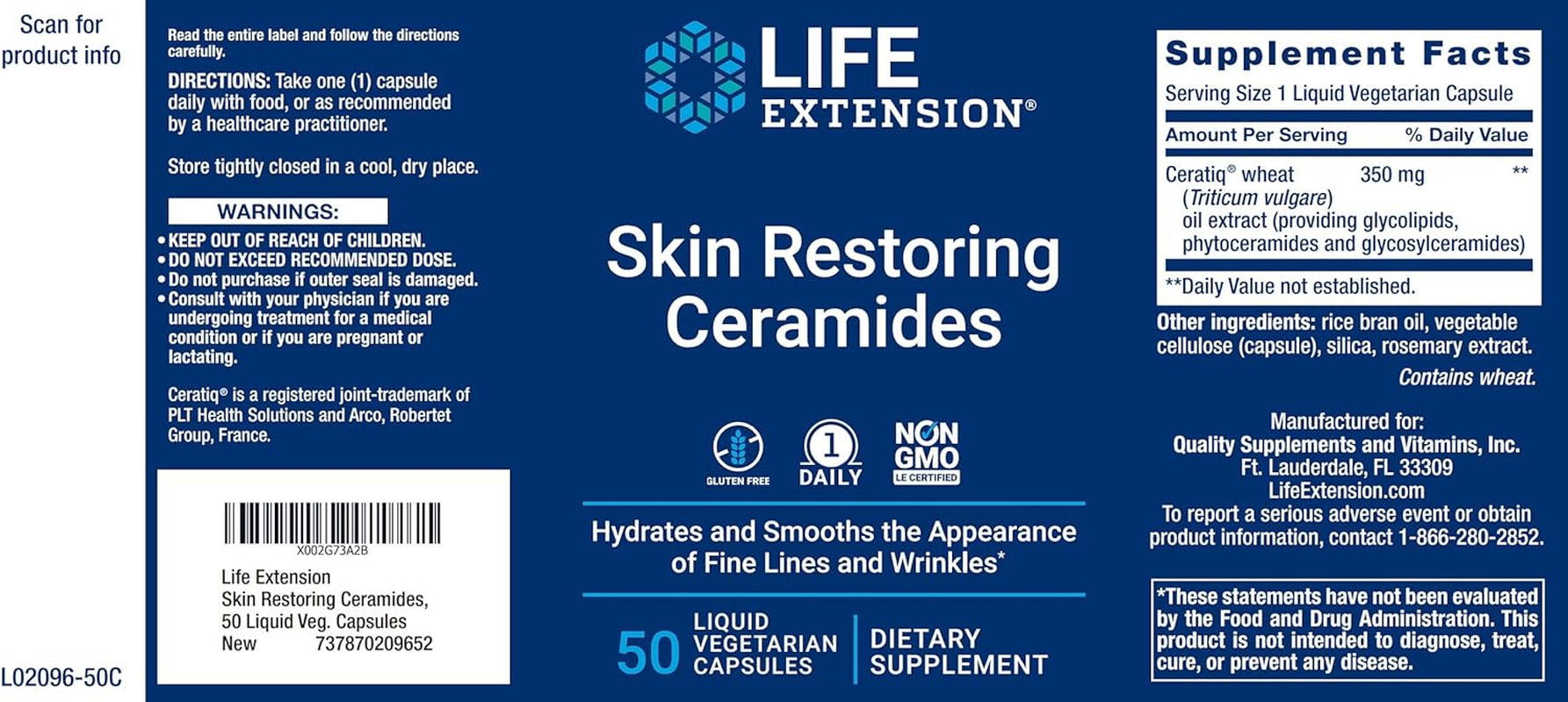 Life Extension Skin Restoring Ceramides, 50 Veg Capsules - Vegan Phytoceramide Supplement