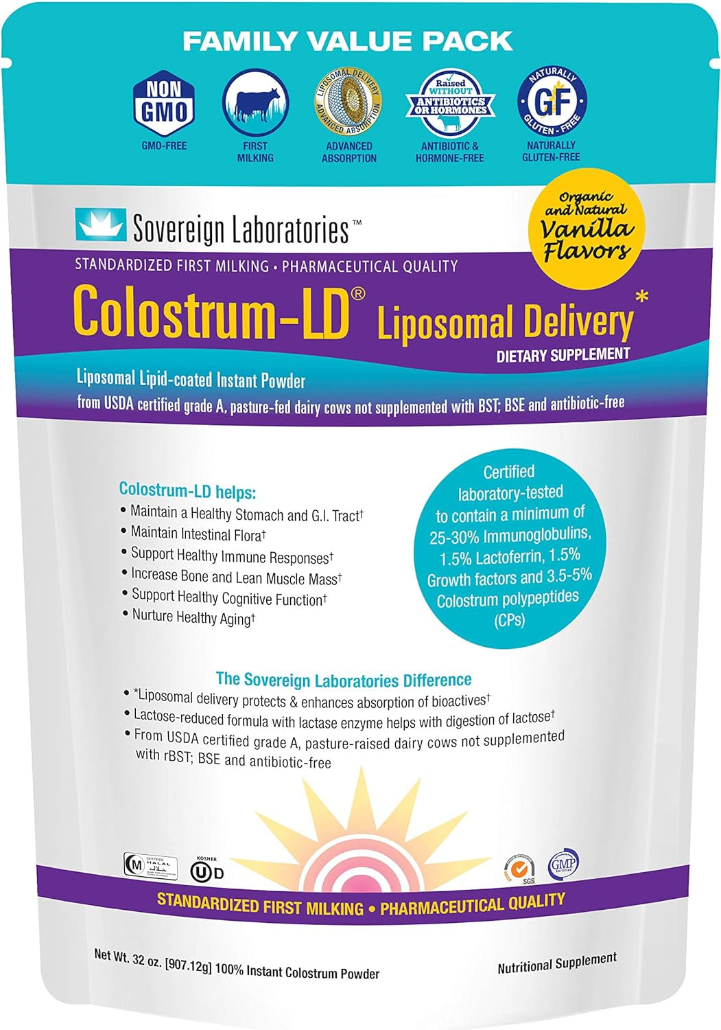 Colostrum-Ld Liposomal Delivery - Colostrum Powder - Gluten-Free, Lactose-Reduced - 34 Servings - Sovereign Laboratories - 6 Oz Vanilla