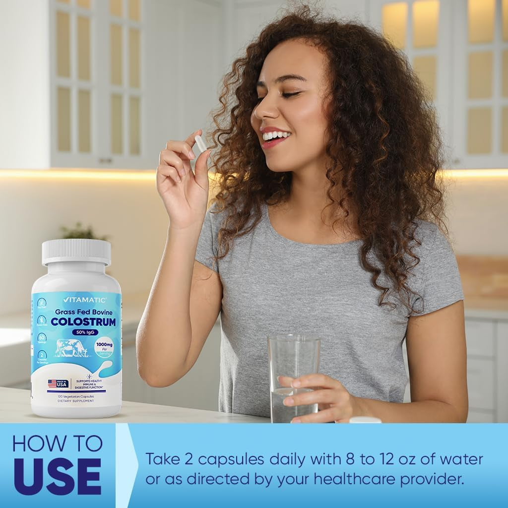 Vitamatic Bovine Colostrum Supplement 1000 Mg per Serving - 50% Highest Igg - Supplement for Gut Health, Hair Growth, Beauty, Muscle Recovery, & Immune Support - 120 Capsules 