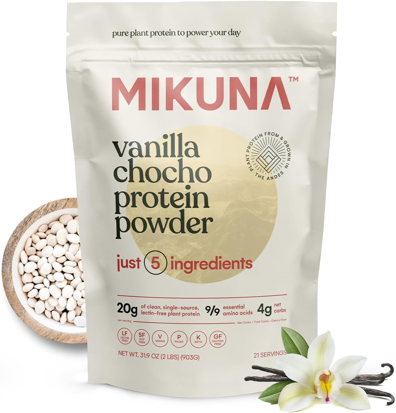 Mikuna Vegan Protein Powder (Unflavored, 15 Servings) - Plant Based Chocho Superfood Protein - Dairy Free Protein Powder Packed with Vitamins, Minerals & Fiber - Gluten, Keto & Lectin-Free 