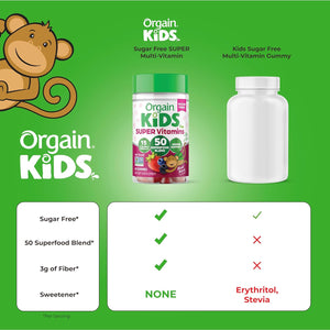 Orgain Kids Sugar Free Multivitamin Gummies, Vegan, 50 Superfoods, 15 Vitamins and Minerals, Immune Support and 3G of Fiber, Mixed Berry, Ages 4+, 1 Month Supply (60 Gummies)