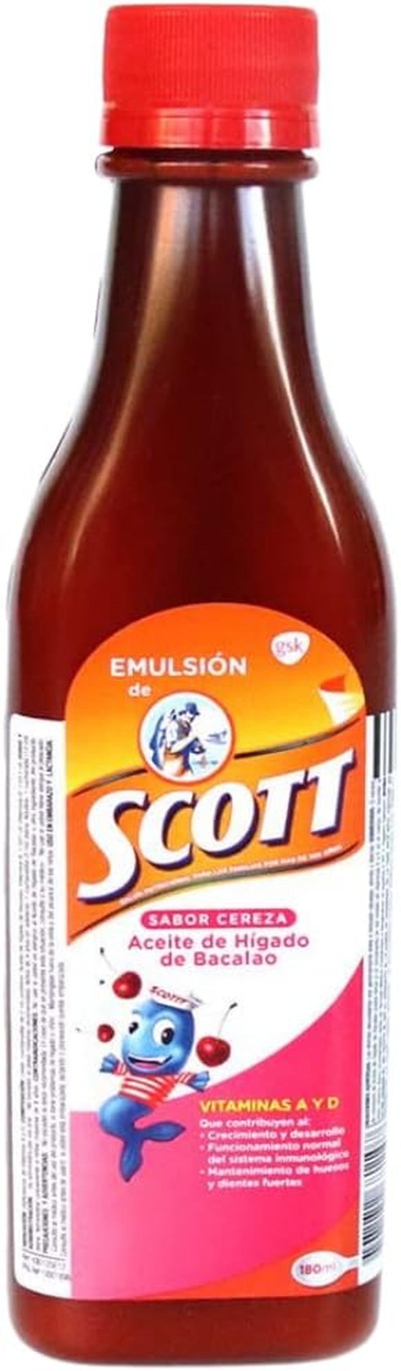 Emulsion De Scott 180 Ml Cod Liver Oil with Vitamin A, D Calcium Dietary Supplement for Kids and Children 2 Pack (Cherry, Frutas Tropicales, Tradicional) (Cereza (Cherry))