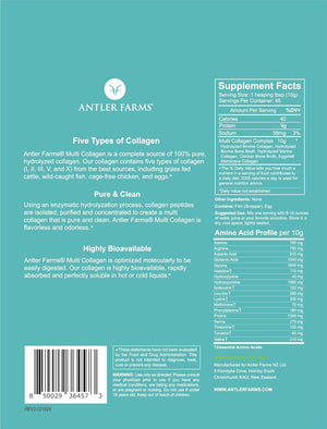 Antler Farms - Multi Collagen Protein Powder - 5 Types (I, II, III, V, and X) 100% Pure Hydrolyzed Collagen Peptides for Men and Women - Bioavailable, Rapid Absorption - Unflavored - 1 Lb