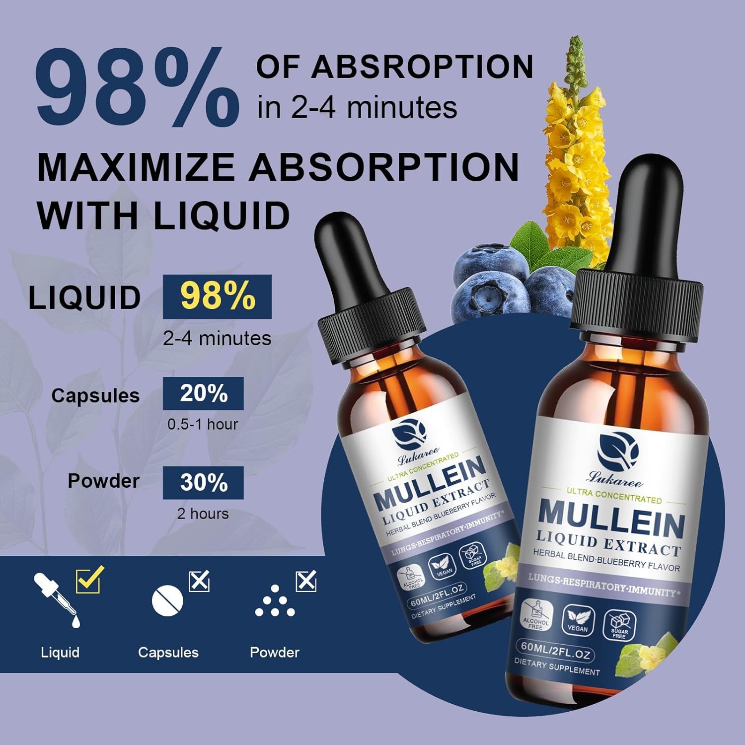 Mullein Drops for Lungs, Lung Detox & Cleanse, 720,000‬Mg Mullein Leaf Extract Tincture with Chlorophyll, Elderberry, Etc, Vegan Herbal Supplement for Immune Respiratory, Blueberry Flavor