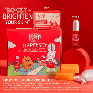 Koji White Skin Care Set – Hero Dark Spot Corrector Soap (3.52 Oz) & Dark Spot Brightening Serum (1 Fl.Oz) for Face Moisturizer with Kojic Acid, Niacinamide, Vitamin C, Hyaluronic Acid