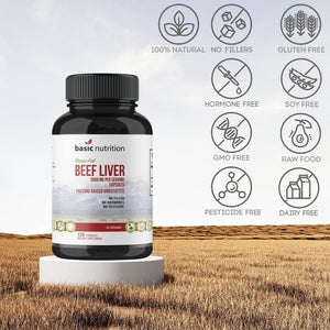 Basic Nutrition Pasture Raised Grass Fed Grass Finished Beef Liver Capsules | 3000Mg Serving | 100% Hormone Free Desiccated, Undefatted Beef Liver with No Fillers, Non-Gmo, Pesticide Free, Gluten-Free 