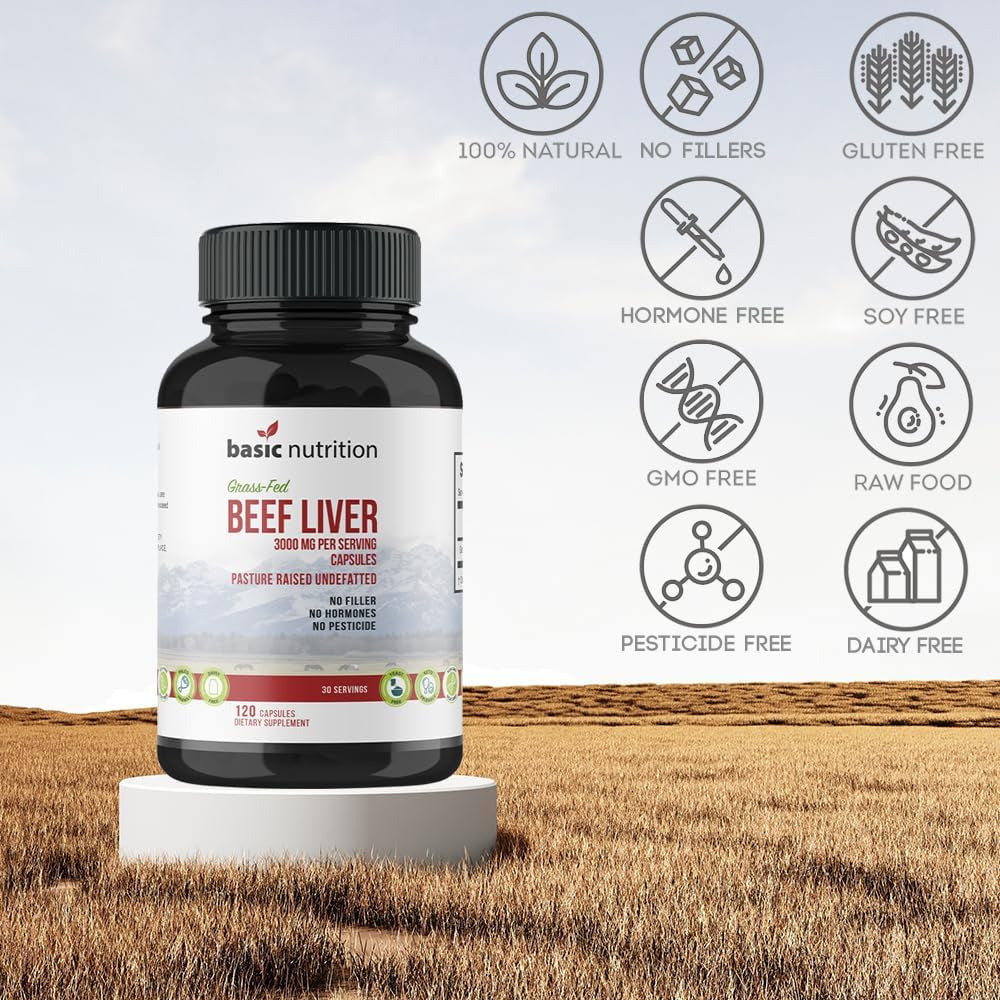 Basic Nutrition Pasture Raised Grass Fed Grass Finished Beef Liver Capsules | 3000Mg Serving | 100% Hormone Free Desiccated, Undefatted Beef Liver with No Fillers, Non-Gmo, Pesticide Free, Gluten-Free