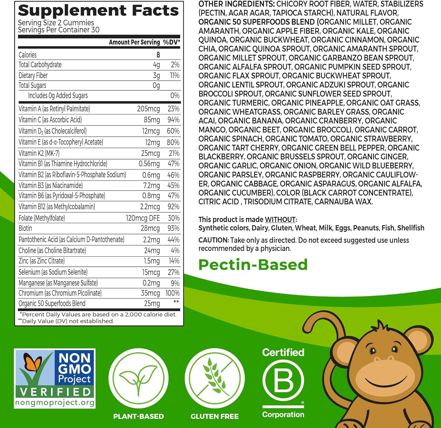 Orgain Kids Sugar Free Multivitamin Gummies, Vegan, 50 Superfoods, 15 Vitamins and Minerals, Immune Support and 3G of Fiber, Mixed Berry, Ages 4+, 1 Month Supply (60 Gummies)