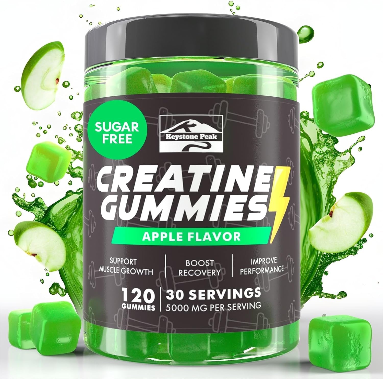 KP Creatine Monohydrate Gummies Apple for Men & Women, 100% Creatine Apple Gummies, 5G per Serving + Vegan, Sugar Free + Strength, Energy, Muscle & Booty Gain - 120 Count