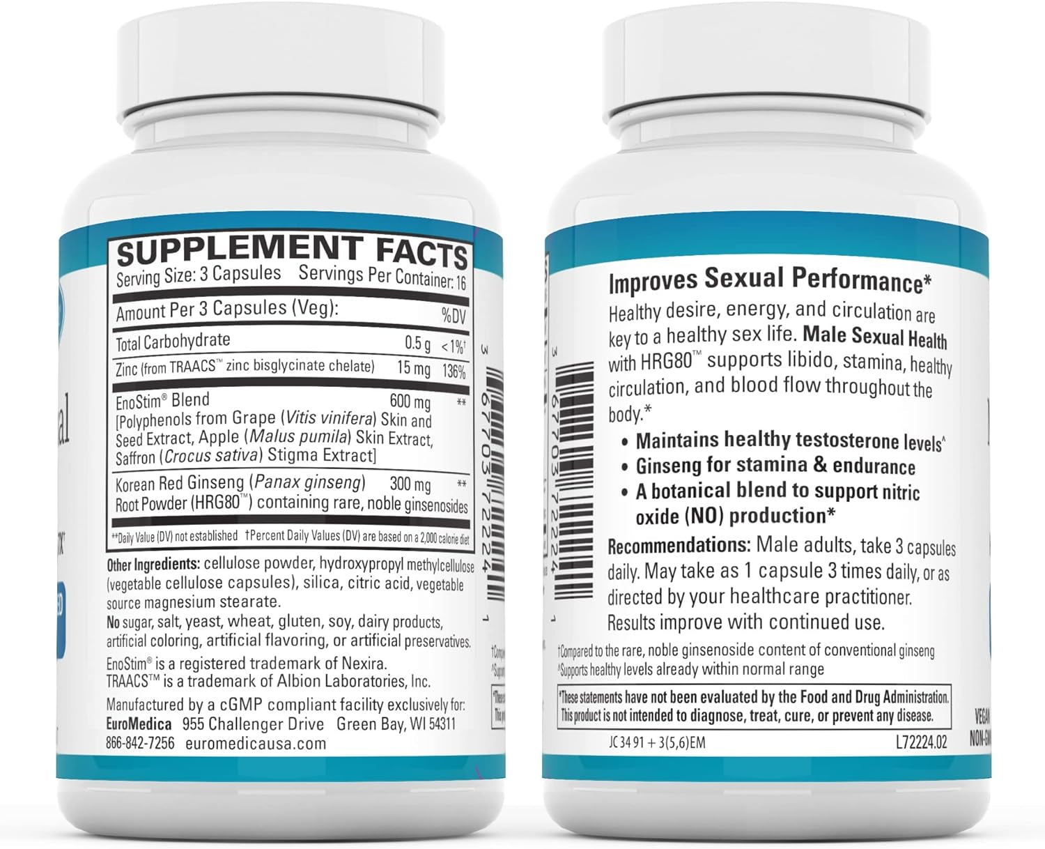 Male Sexual Health - 48 Capsules - Supports Stamina, Performance & Healthy Blood Flow - with HRG80 Ginseng - Non-Gmo, Vegan - 16 Servings
