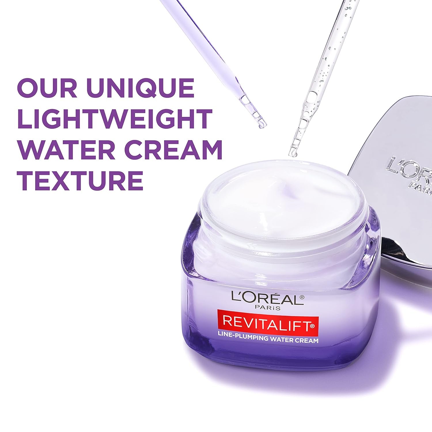 L'Oreal Paris Revitalift Moisturizer, Hyaluronic Acid Water Cream with Ceramides, Deeply Hydrating, Fragrance Free 1.7 Oz + Serum Sample
