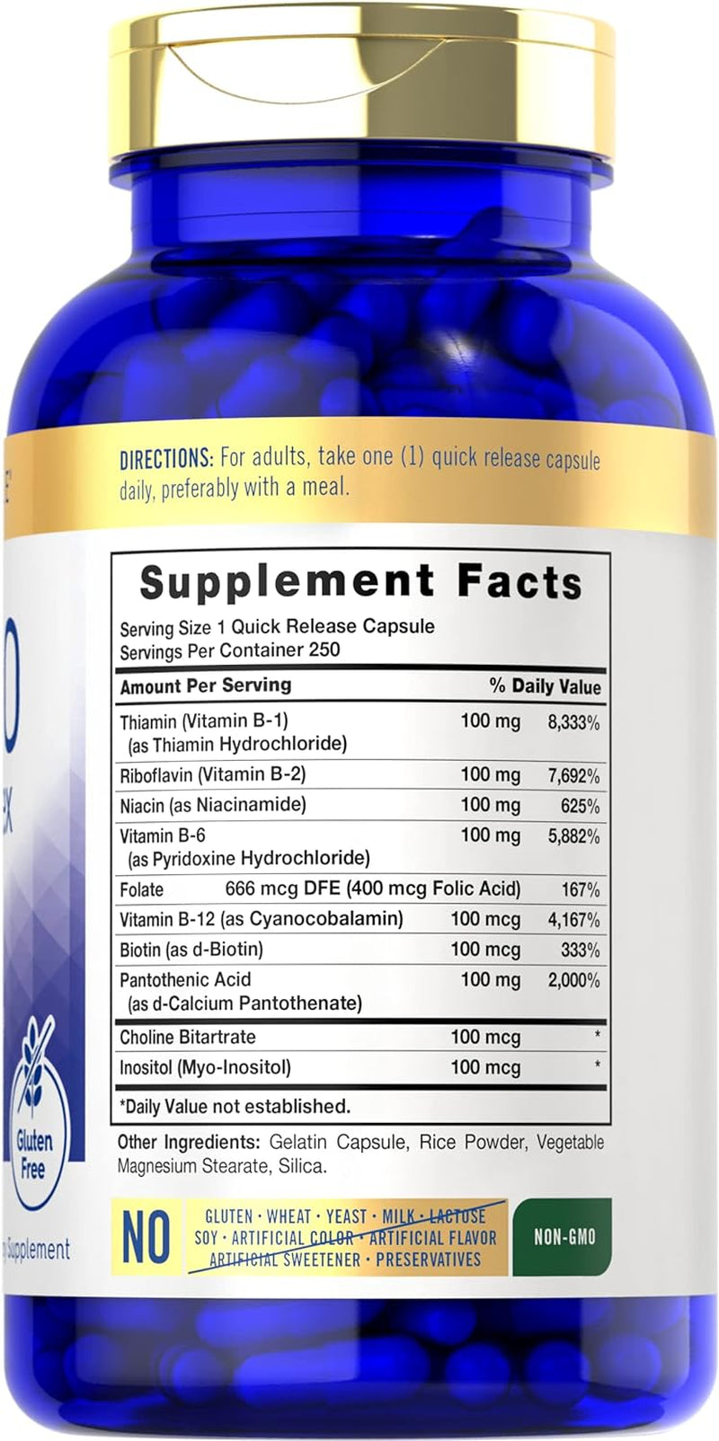 Carlyle B-100 Complex Vitamin | 250 Capsules | Non-Gmo, Gluten Free Supplement 